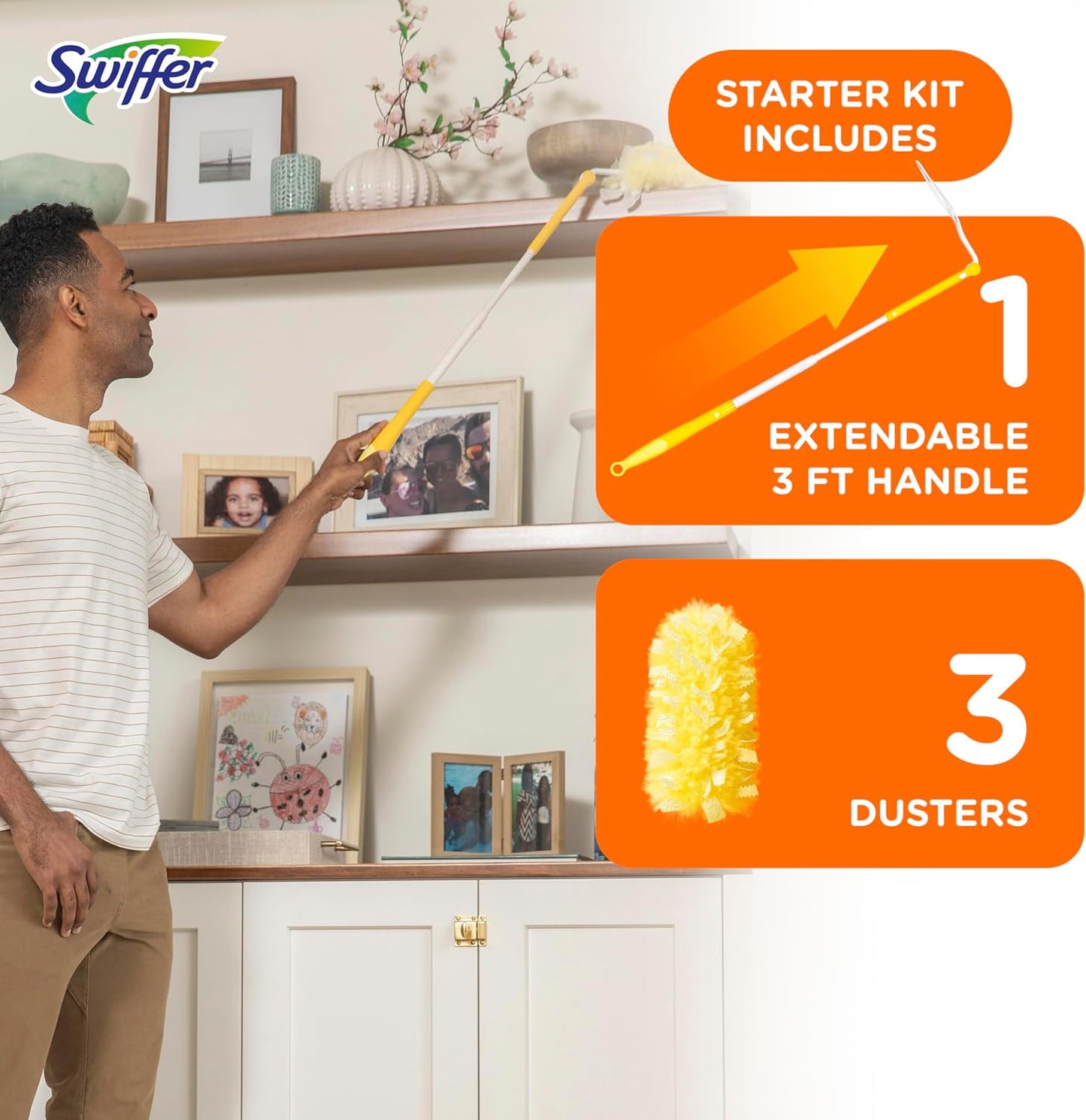 Swiffer Duster Kit with 3 ft Extendable Handle | Includes 1 Duster Extendable Handle (3 ft). 3 Heavy Duty Duster Refills. For Ceiling Fans, Vents, and Hard to Reach Places
