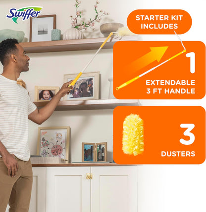 Swiffer Duster Kit with 3 ft Extendable Handle | Includes 1 Duster Extendable Handle (3 ft). 3 Heavy Duty Duster Refills. For Ceiling Fans, Vents, and Hard to Reach Places