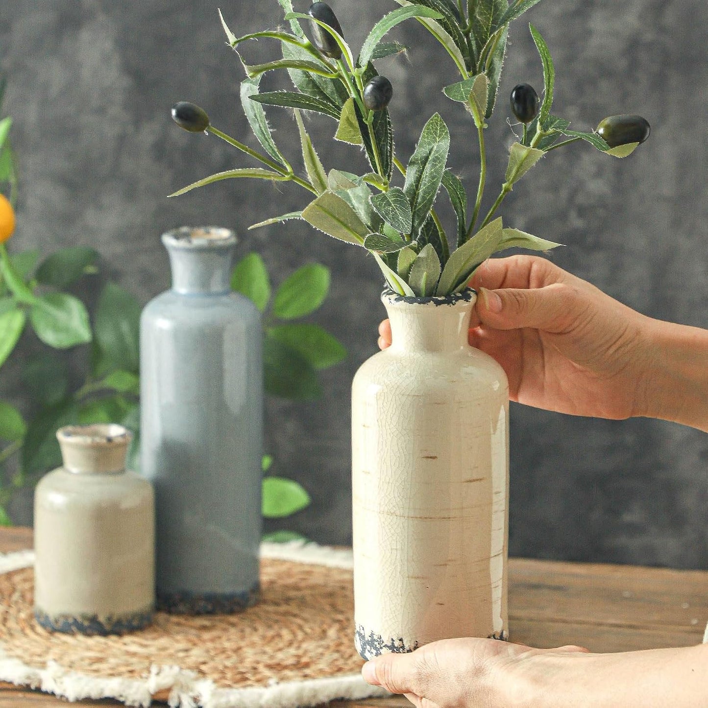 Ceramic Vase Set of 3, Neutral Flower Vases Home Decor, Pottery Rustic Farmhouse Decorative Vases Modern Decor for Table Mantel Entryway Bookshelf Living Room Kitchen Bedroom - Brown