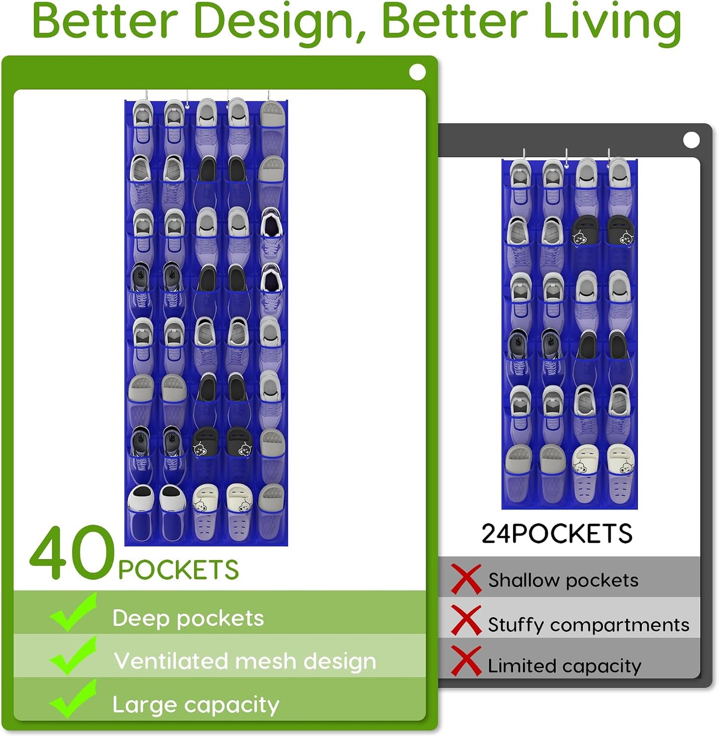Over the Door Shoe Organizer with 40 Large Breathable Mesh Pockets, Space Saving Shoe Holder, Hanging Shoe Rack for Entryway Bedroom Closet Storage (White, 40 Pockets)