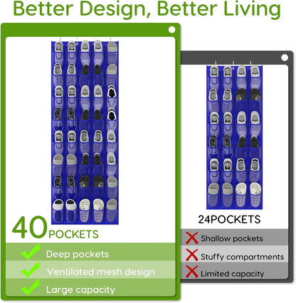 Over the Door Shoe Organizer with 40 Large Breathable Mesh Pockets, Space Saving Shoe Holder, Hanging Shoe Rack for Entryway Bedroom Closet Storage (White, 40 Pockets)