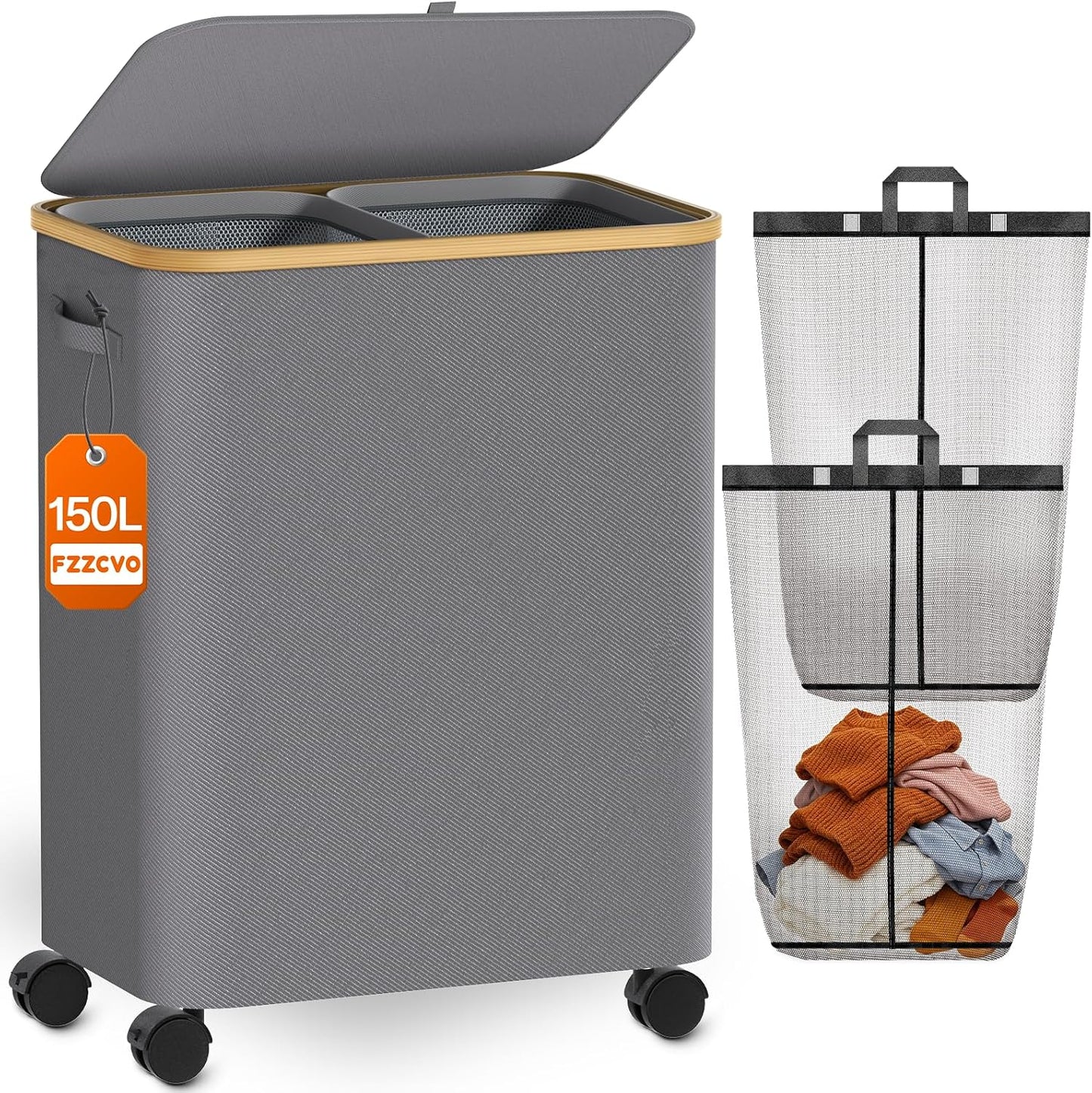 Double Laundry Hamper with Lid and Wheels, 150L Large Laundry Basket with 2 Sections & Removable Liner Bags, Rolling Dirty Clothes Basket with Handles for Bedroom, Bathroom, Dorm, College