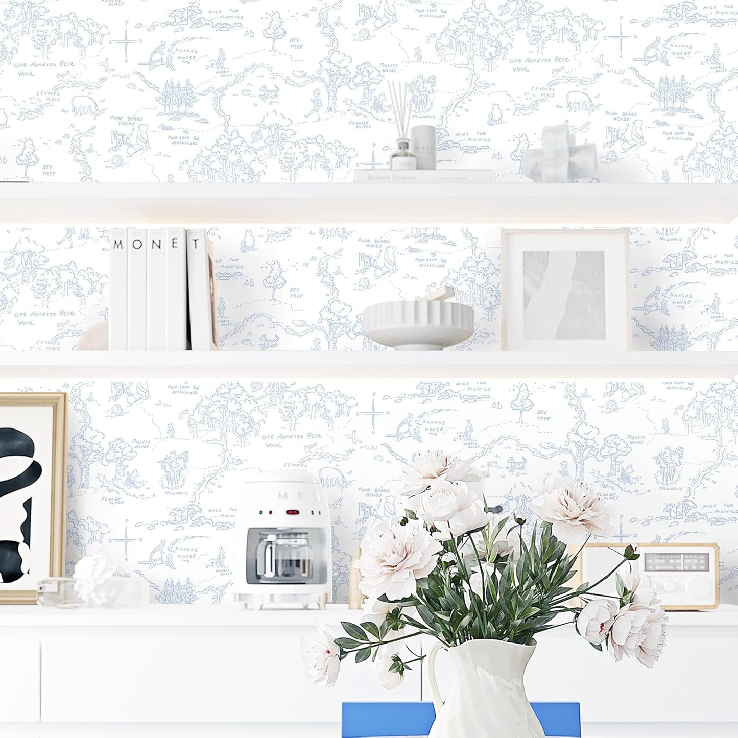 Dimoon 17.3''x78.7'' Vintage Peel and Stick Wallpaper Boho Beige Neutral Contact Paper White Floral Bird Wallpaper Removable Botanical Renter Friendly Modern Wall Paper Bedroom Bathroom Vinyl Roll