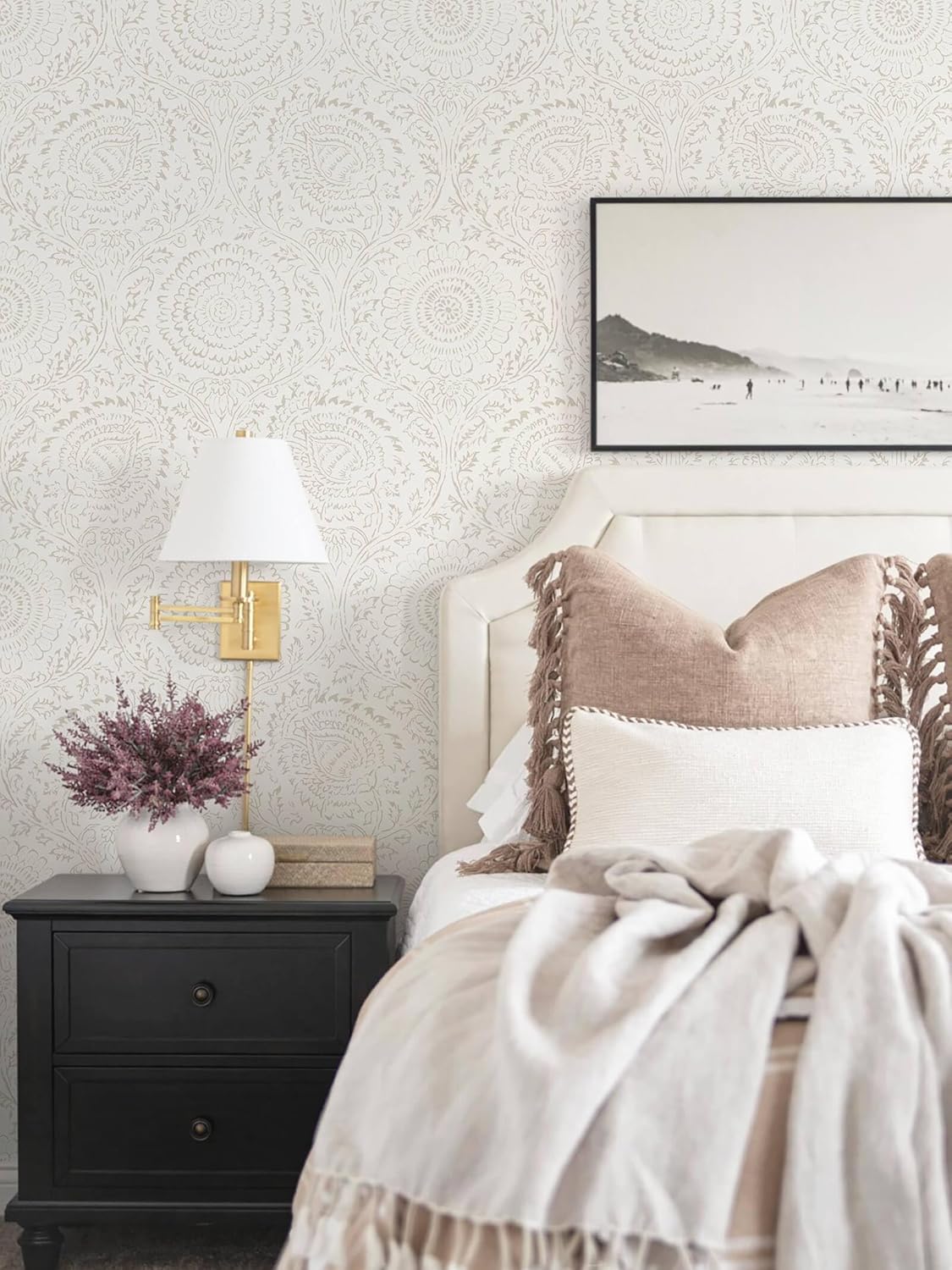 Ismoon Peel and Stick Wallpaper Boho Beige Contact Paper Neutral Floral Wall Paper Textured Self Adhesive Removable Wallpaper for Bedroom Kitchen Renter Friendly Vinyl 17.3" x 78.7"