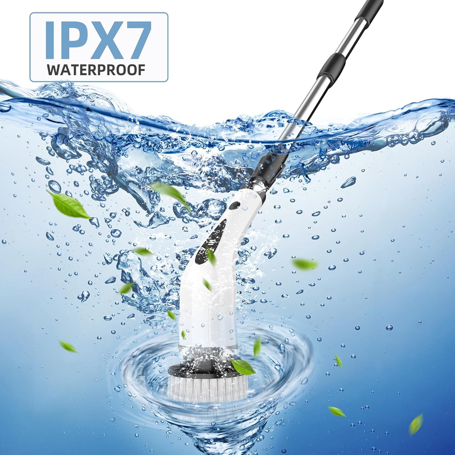 Electric Spin Scrubber, 3-Speed Flat End Brush with 8 Brush Heads & Base, Adjustable Long Handle, Digital Display, 2500mAh Fast Charging, for Bathroom, Tub, Tile, Floor（White
