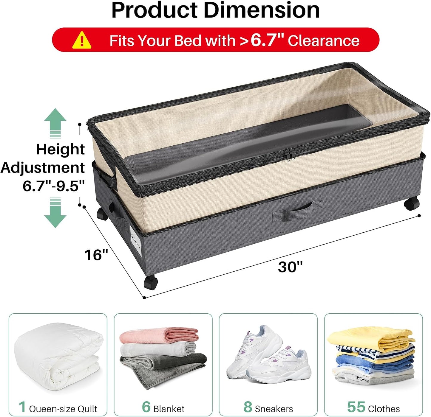 Kitstorack Under Bed Storage with Wheels 2Pack Height-adjustable Under Bed Storage Containers,Under Bed Shoe Storage Organizer with Clear Window&Label, Suitable for Clothes Storage, Gray