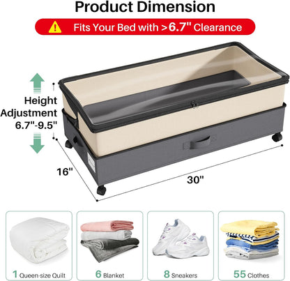 Kitstorack Under Bed Storage with Wheels 2Pack Height-adjustable Under Bed Storage Containers,Under Bed Shoe Storage Organizer with Clear Window&Label, Suitable for Clothes Storage, Gray