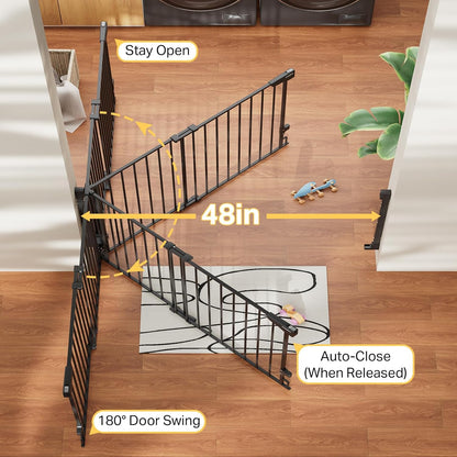 Cumbor 29.2–43" Baby Gate for Stairs, Hardware Mounted (Drill Required), Expandable No Bottom Bar Dog Gate, Auto Close Extra Wide Walk Thru, Pet & Toddler Proof Gate, Top & Bottom of Stairways (White)