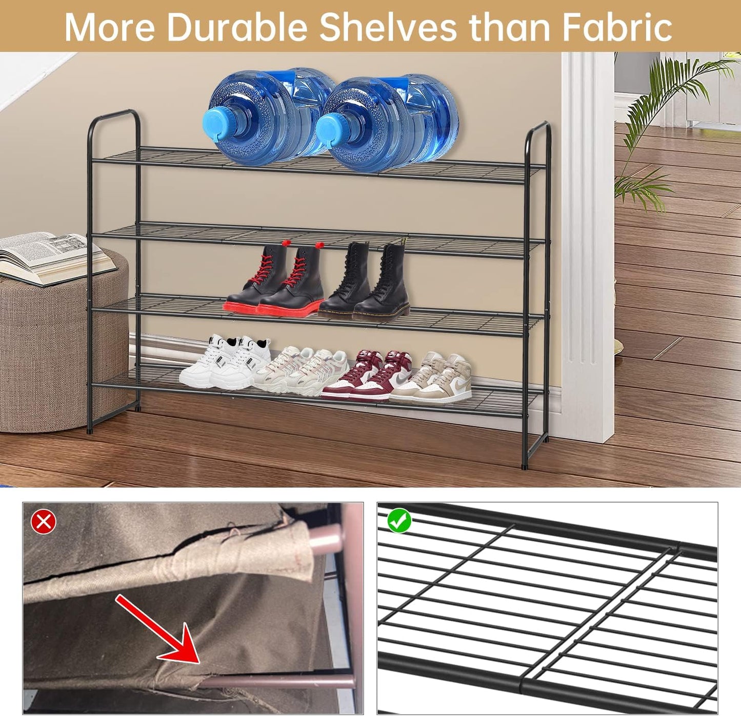 KEETDY 3-Tier Long Shoe Rack for Closet Metal Shoe Organizer for Entryway, Wide Stackable Shoe Storage Shelf with Sturdy Wire Grid for Closet Floor, Bedroom, Black