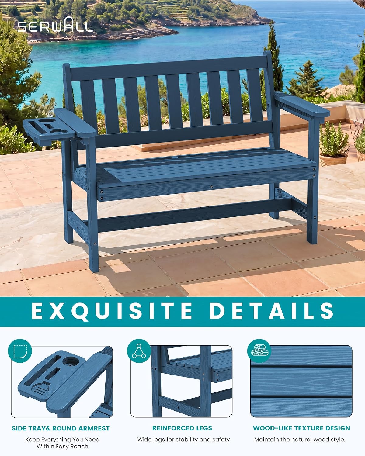 SERWALL HDPE Outdoor Storage Bench, Deck Box with Waterproof Storage Bags | All-Weather Benches | 57 Gallon Dual-Use Seat | Organizer Deck Boxes for Patio, Garden Tools & Pool | Dark Black