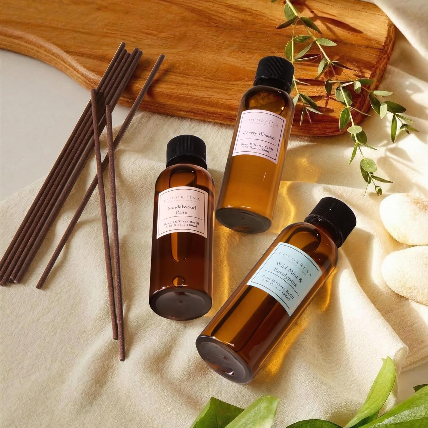 COCORRÍNA Reed Diffuser Refill Set, 10.2oz Scented Oil Refill 3 Pack, Clean Linen, Ocean Mist, Eucalyptus & Moss, Long Lasting Oil Diffuser Refill with 18 Sticks for Bathroom & Bedroom