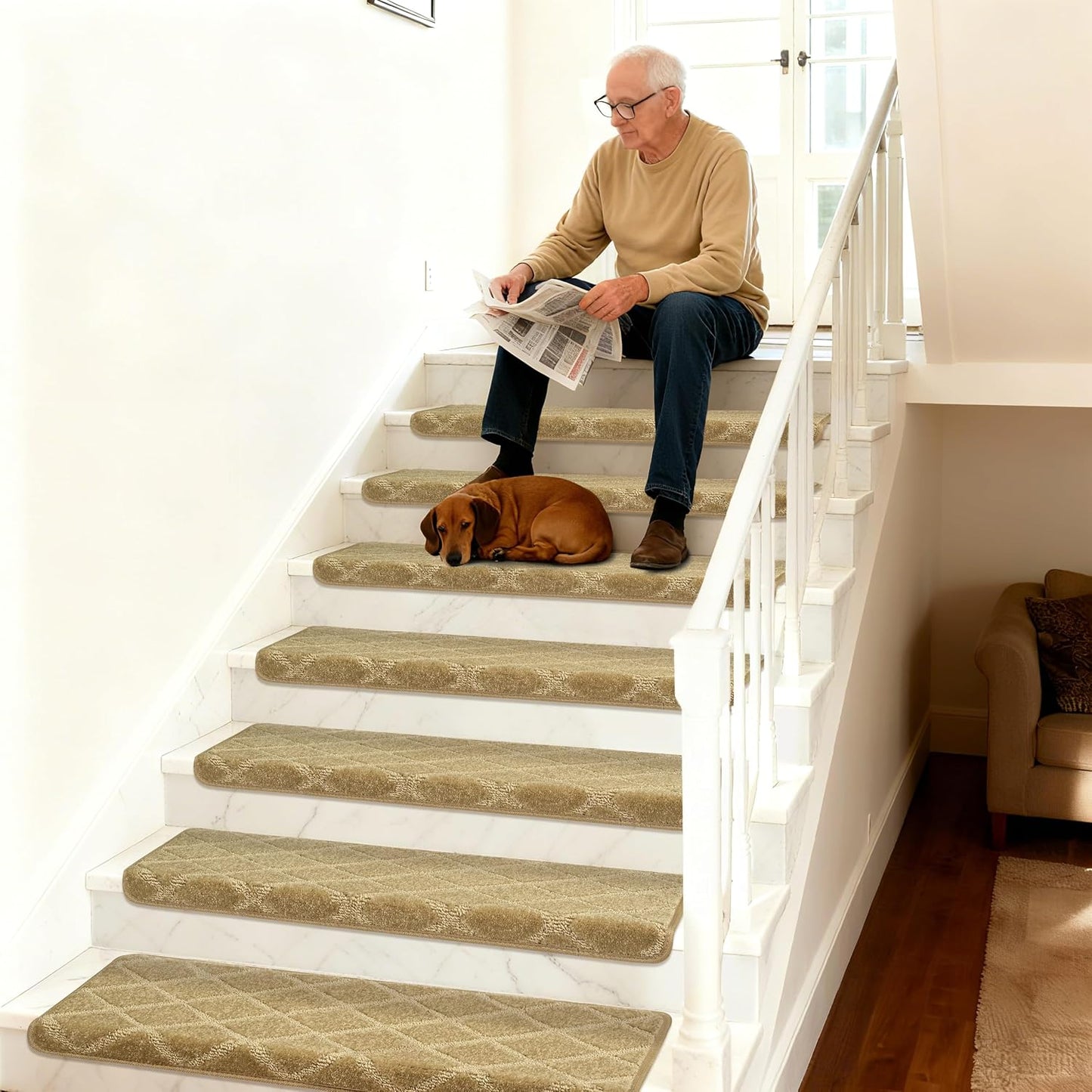 DEXDE Bullnose Stair Treads for Wooden Steps Non-Slip Stair Runner, 14 Pcs | Reusable bullnose carpet Stair Treads Indoor, Peel and Stick Stair Rugs with Edge Protection, Soft Washable, 30"x9.5" Grey