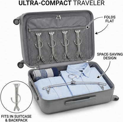 ROOM127 Travel Hangers with Clips, 5 Pack Foldable Stainless Steel Hangers | Windproof Non-Slip Portable Clothes Hangers for Cruise, Camping, RV, Hotel, Suitcase, Silver