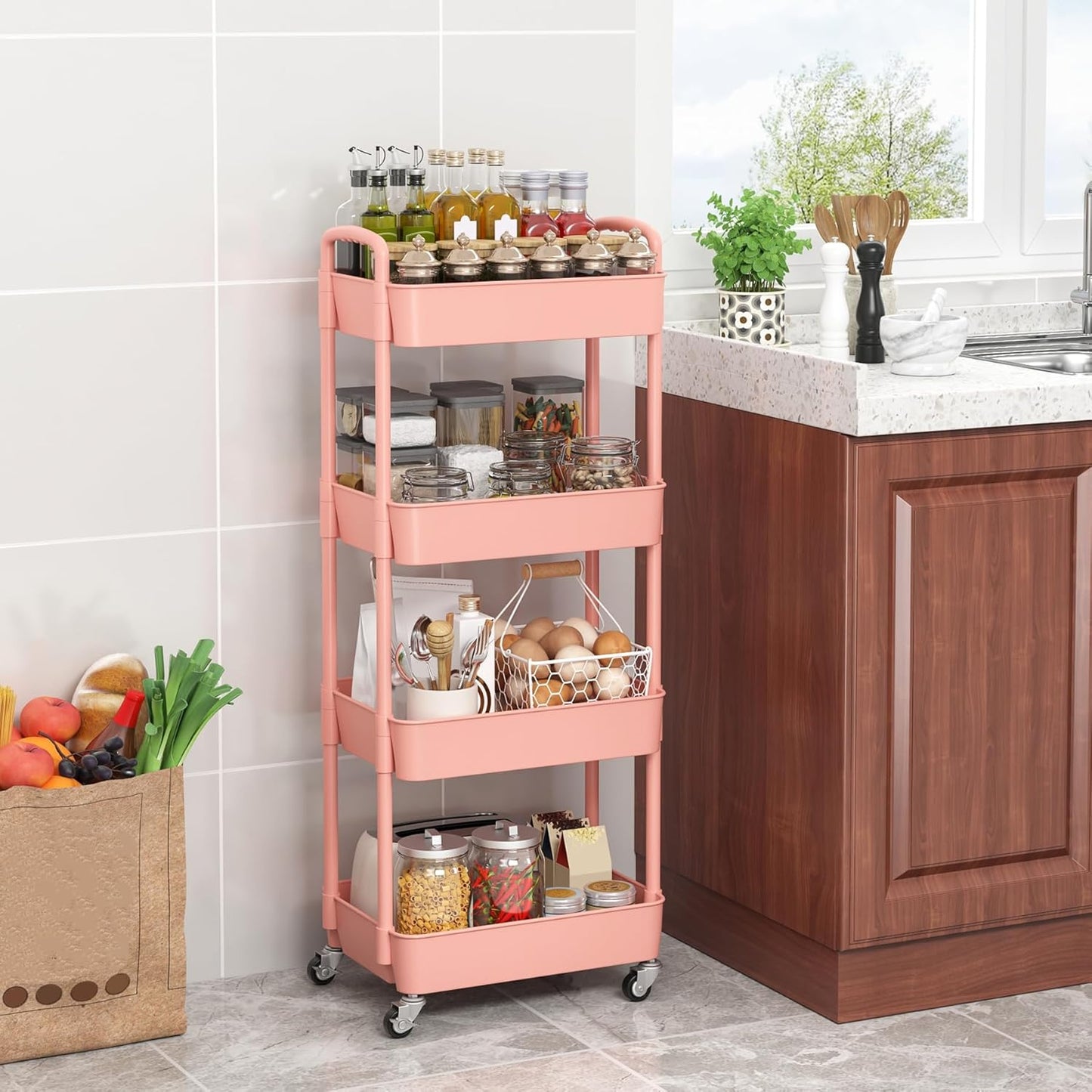 Sywhitta 4-Tier Plastic Rolling Utility Cart with Handle, Multi-Functional Storage Trolley for Office, Living Room, Kitchen, Movable Storage Organizer with Wheels, Black