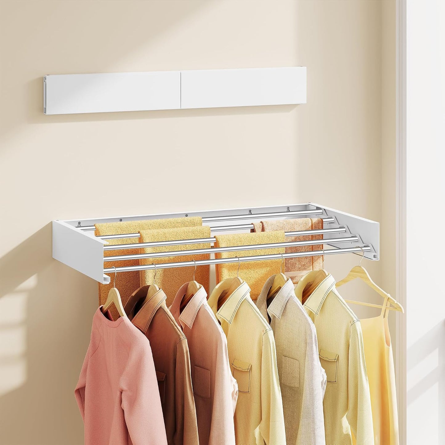SONGMICS Wall Mounted Drying Rack, Clothes Drying Rack Foldable, 39.4 Inches Wide Laundry Clothes Airer with Wall Template, 6 Fold-Out Aluminum Alloy Bars, Indoor, Matte White ULLR810WE01