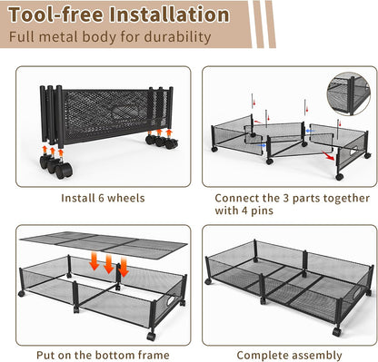 47.2'' Long Under Bed Storage on Wheels, 57.6L Large Capacity Rolling Under the Bed Storage Containers, Tool-Free Assembly Foldable Underbed Shoes Clothes Toy Drawers