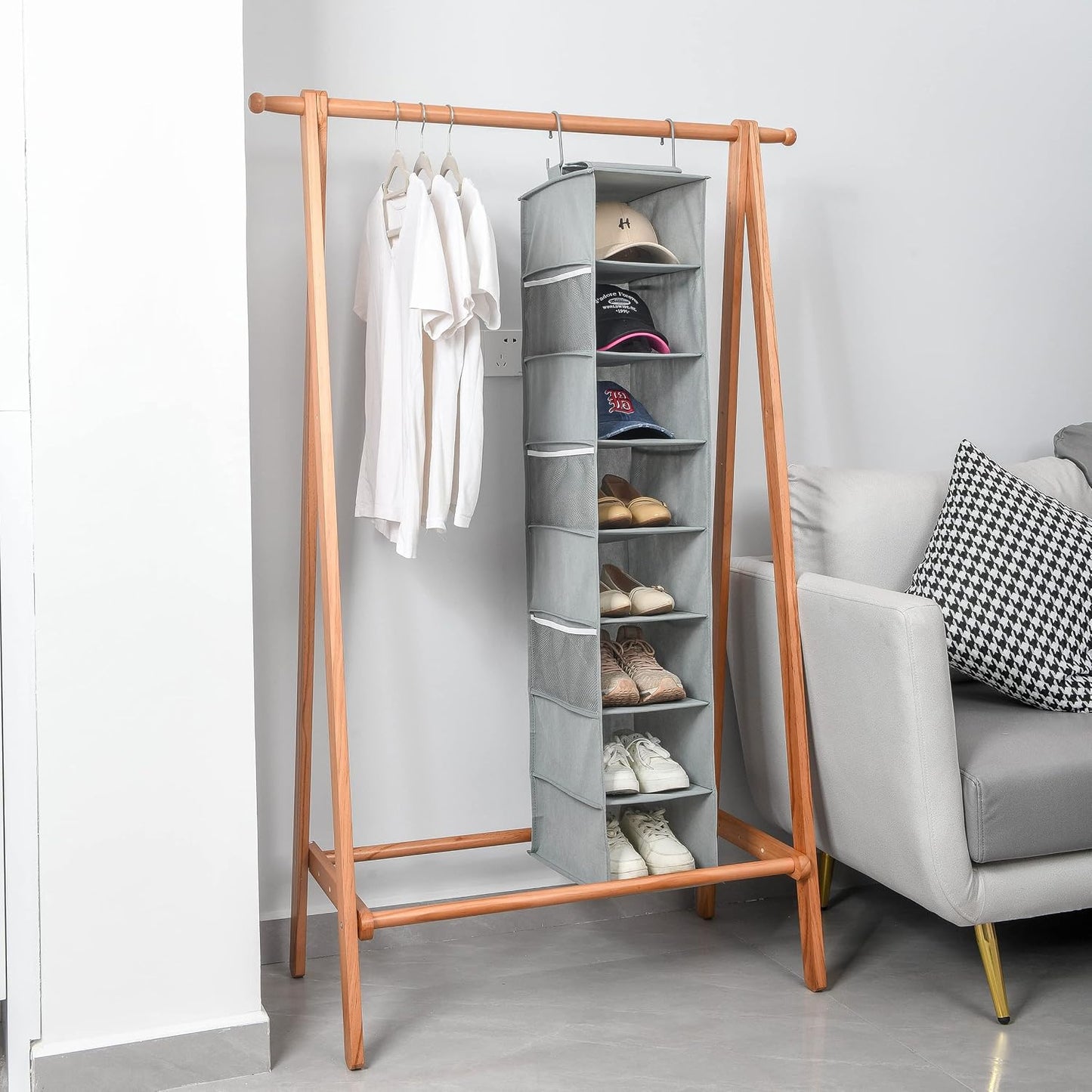 Berdeng Hanging Shoe Organizer for Closet with Side Mesh Pockets，Hat Racks for Baseball Caps，Shoe and Hat Holder & Storage，8-Shelf，Gray，1 Pack