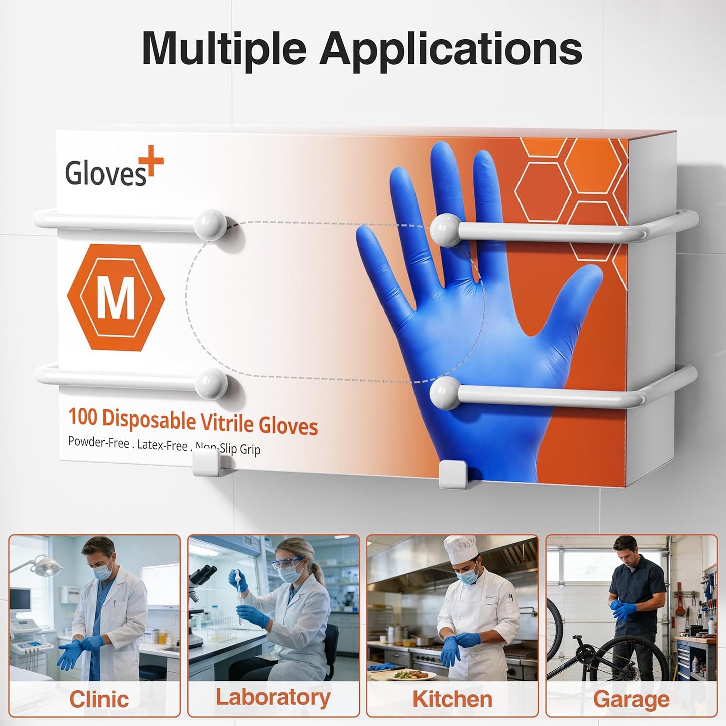 Adhesive Glove Box Holder Wall Mount, Metal Disposable Gloves Dispenser for Latex & Nitrile Boxes, No-Drill Tissue & Wipes Organizer for Kitchen, Lab, Bathroom, White