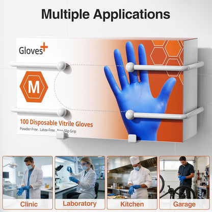 Adhesive Glove Box Holder Wall Mount, Metal Disposable Gloves Dispenser for Latex & Nitrile Boxes, No-Drill Tissue & Wipes Organizer for Kitchen, Lab, Bathroom, White