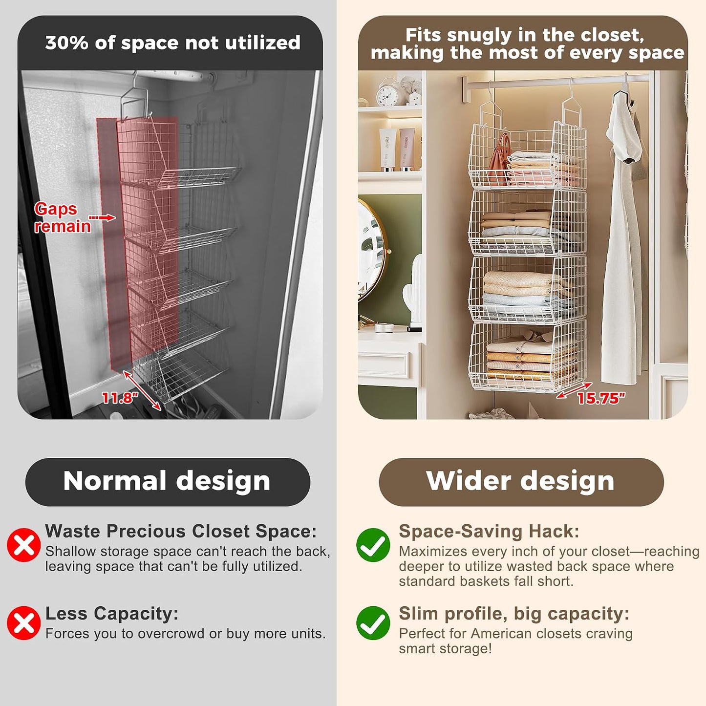 8-Tier Extended Depth Hanging Closet Organizers and Storage for Closet System, Stackable Closet Shelves with 4 Adjustable Dividers for Clothes Sweaters Purses, Wire Hanging Basket Fits Closet Laundry