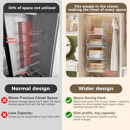 8-Tier Extended Depth Hanging Closet Organizers and Storage for Closet System, Stackable Closet Shelves with 4 Adjustable Dividers for Clothes Sweaters Purses, Wire Hanging Basket Fits Closet Laundry