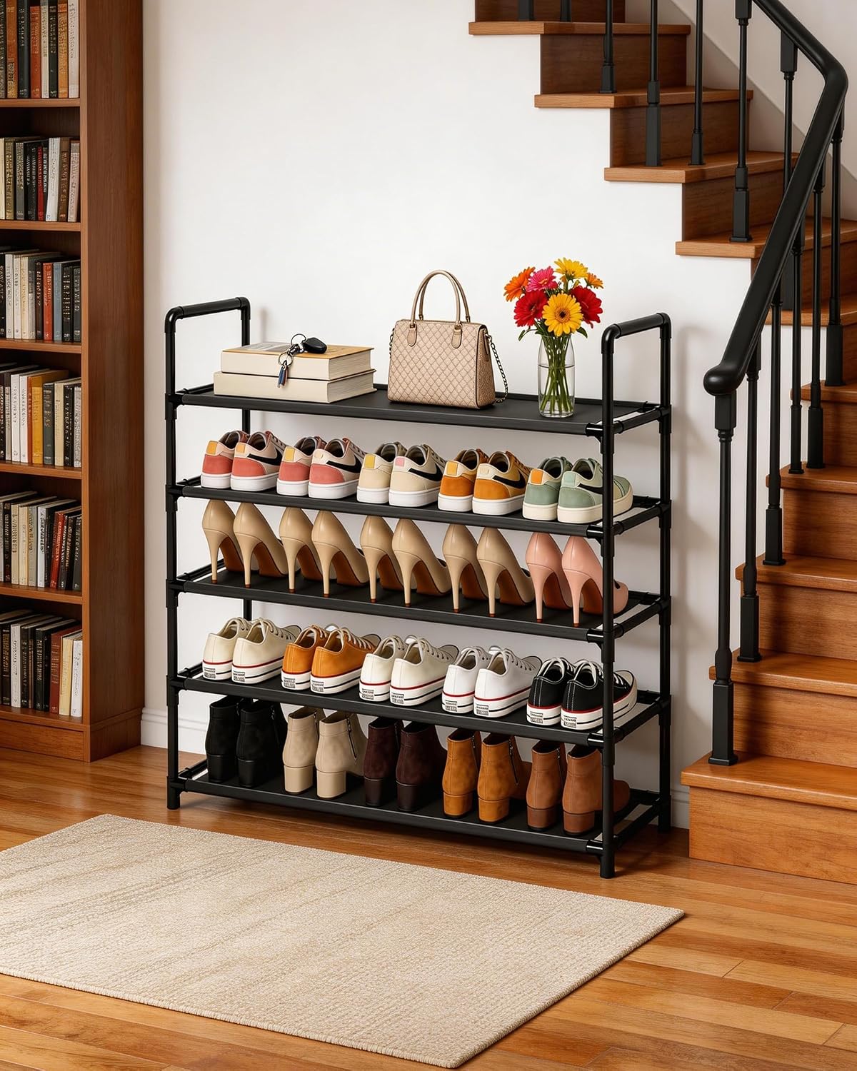 5 Tier Tall Shoe Rack Large Capacity, 34.5" Wide Entryway Shoe Organizer, Stackable Metal Frame Waterproof Nonwoven Shelves, Holds 20-25 Pairs, Space Saving Storage for Closet Hallway Garage, Black