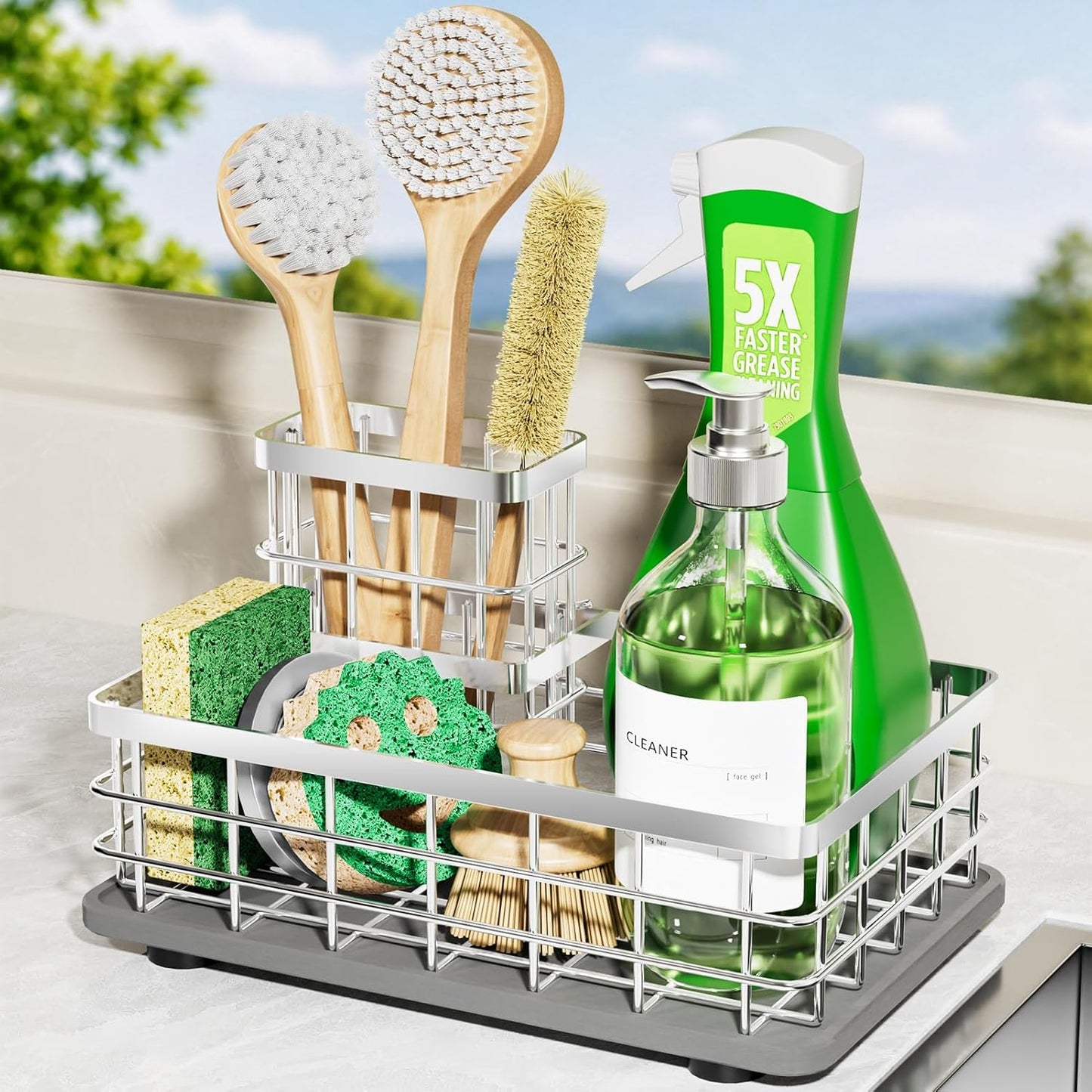 Extra Large Kitchen Sink Caddy Organizer, Stainless Steel Sponge Holder for Kitchen Sink with Brush Holder, Diatomite Stone Sink Tray for Soap Dispenser, Sponge, Kitchen Essentials and Gadgets, Black