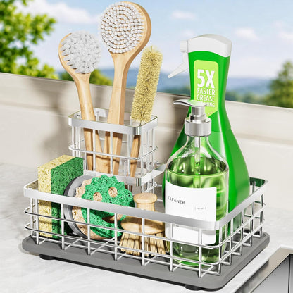 Extra Large Kitchen Sink Caddy Organizer, Stainless Steel Sponge Holder for Kitchen Sink with Brush Holder, Diatomite Stone Sink Tray for Soap Dispenser, Sponge, Kitchen Essentials and Gadgets, Black