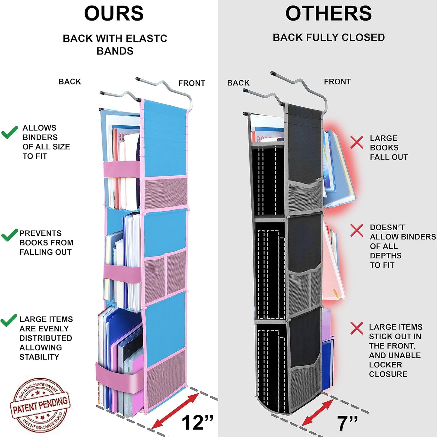 ABRA® 3 Shelf Hanging Locker Organizer for School, Gym, Work, Storage | Deep Shelves 6”x 9”| Eco-Friendly Fabric Healthy for Children | Adjustable School Locker Shelf 3 to 2 Shelves (Pink)