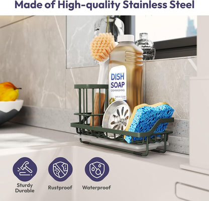 SWTYMIKI Sink Caddy Sponge Holder - Kitchen Sink Organizer with High Brush Holder for Countertop to Hold Dish Soaps and Sponges, Stainless Steel, Black