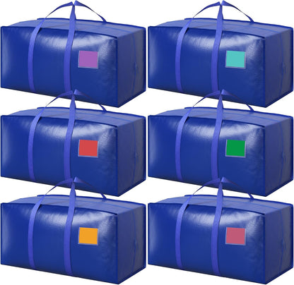 6 Pack Moving Bags Heavy Duty 210GSM with Full-Open Side Zipper, 93L 220lbs Waterproof Foldable Storage Totes for College Dorm Move-In, Moving Boxes Alternative & Home Organization, Blue