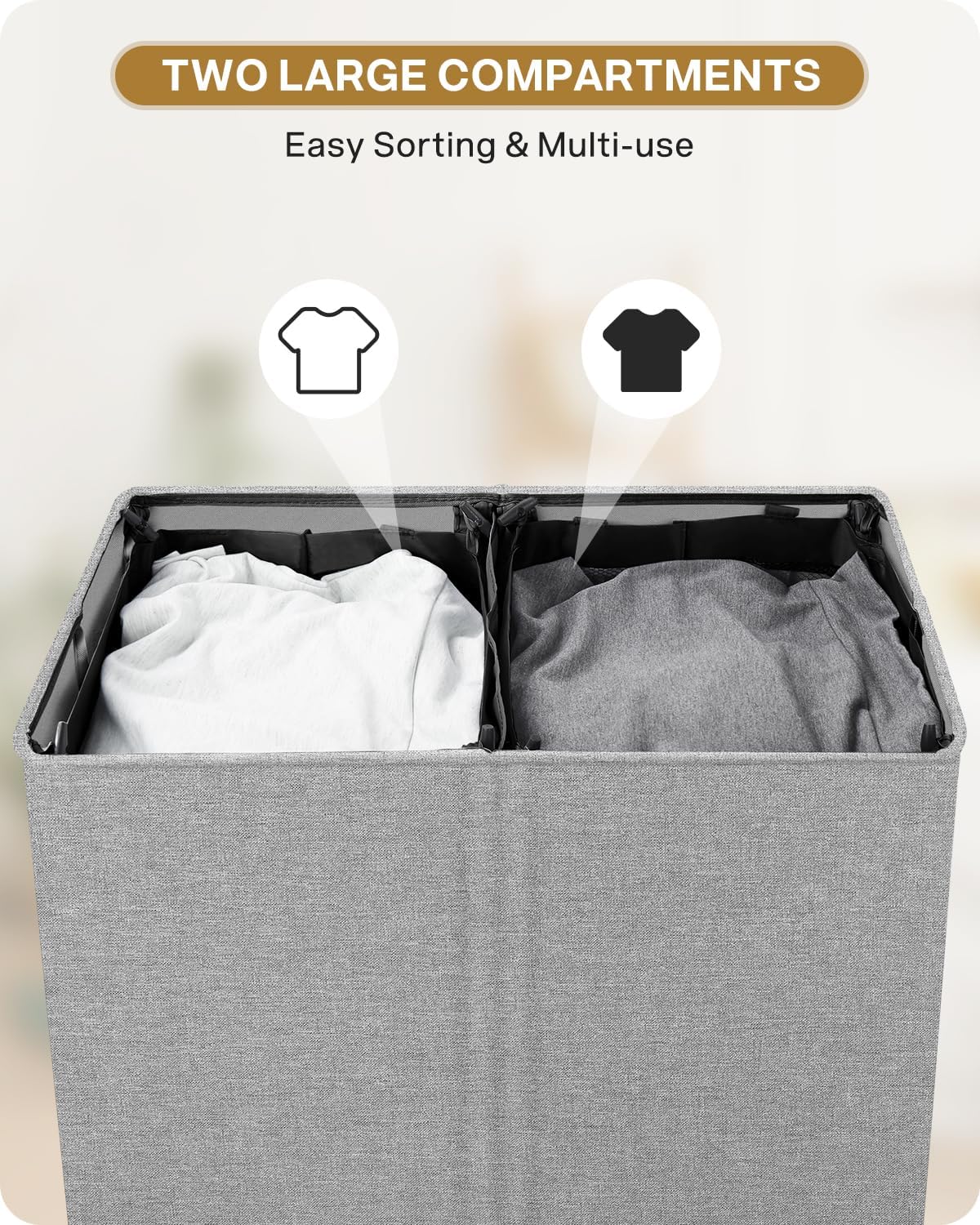 SOLEDI Luxury Double Laundry Hamper with Lid and Removable Bags, 38.3 Gal Large Laundry Bin, Laundry Basket 2 Sections, Collapsible Clothes Hamper for Bedroom, Laundry Room, Bathroom, Off-white