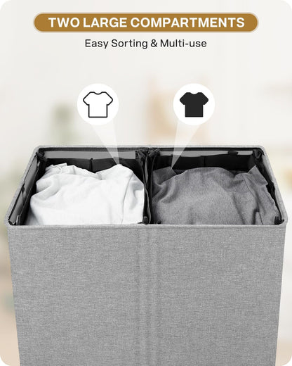 SOLEDI Luxury Double Laundry Hamper with Lid and Removable Bags, 38.3 Gal Large Laundry Bin, Laundry Basket 2 Sections, Collapsible Clothes Hamper for Bedroom, Laundry Room, Bathroom, Off-white