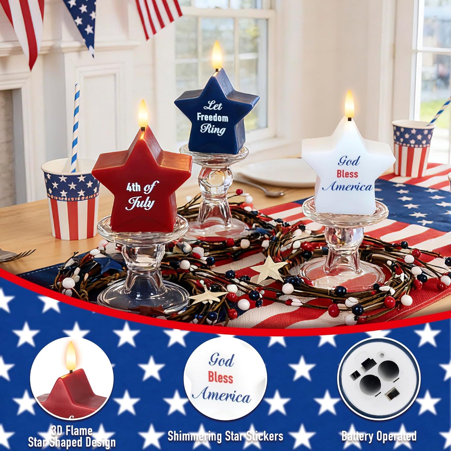 4th of July Flameless Pillar Candles with Remote, Patriotic Red White and Blue Battery Operated Star Shaped LED Pillar Candle Set of 3, Independence Day Decorations for Home Party Table Fireplace