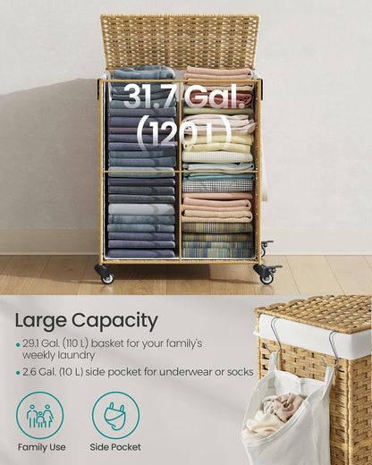 SONGMICS Laundry Hamper with Lid, 37 Gallons (140 L), Rolling Laundry Basket with Wheels, 3-Section Synthetic Rattan, Removable Liner, Bedroom, 26 x 13 x 26 Inches, Gray ULCB363G01