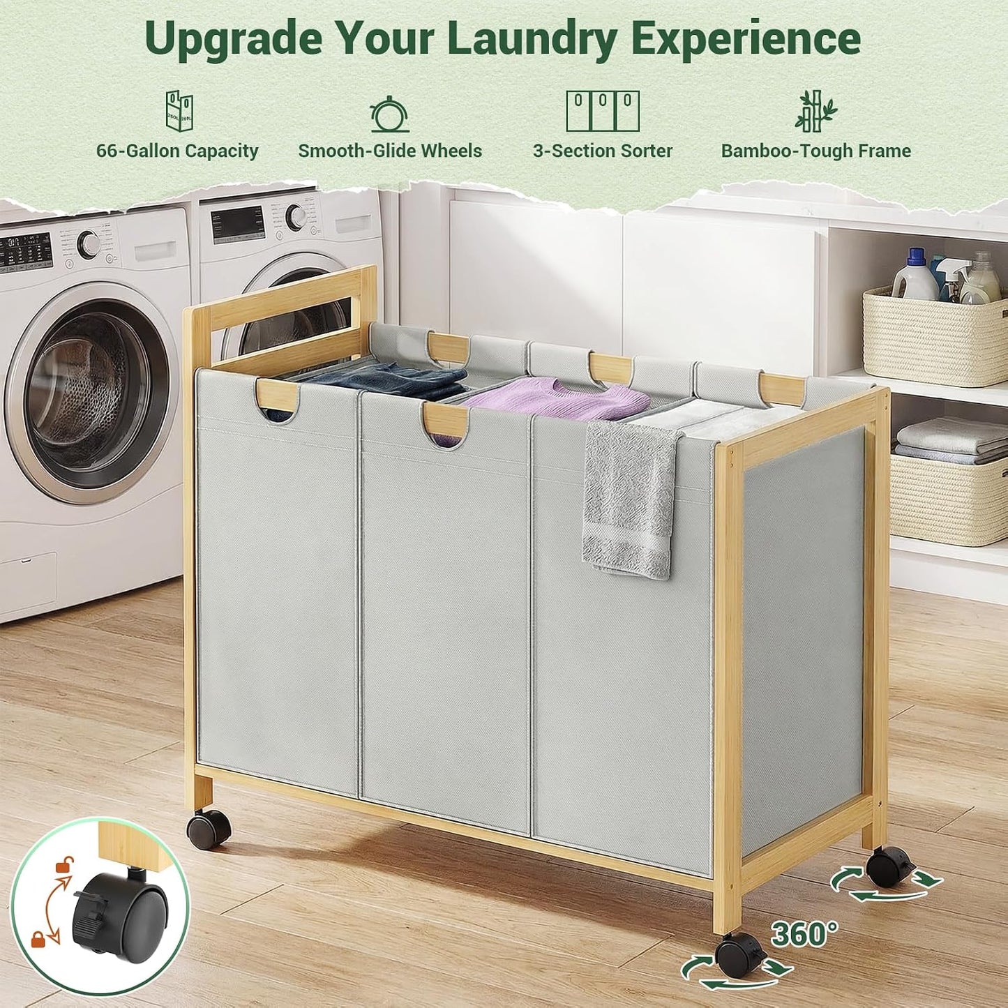 Homykic 250L Laundry Sorter Cart with Wheels, 3-Section Rolling Laundry Basket with Removable Bags, 66 Gal Large Laundry Hamper Organizer, Heavy Duty Bamboo Frame, Water-Resistant, Black