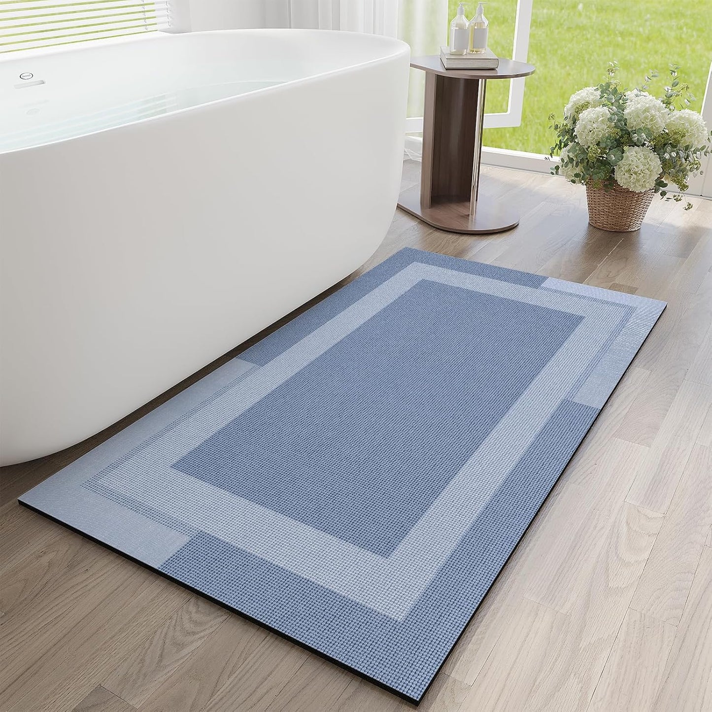YDKGL Non Slip Bath Mat, Rubber Backing Ultra Thin Bathroom Rugs Fit Under Door Quick Dry Super Absorbent Washable Bath Rug Shower Mat for Bathroom Floor Bathtub Shower Sink, Easy Care Blue 16"x 24"