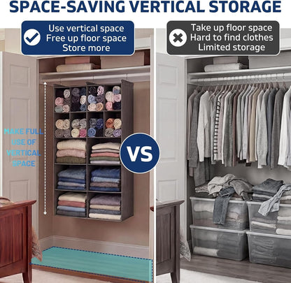 Ofiray-home 6 Tier Hanging Closet Organizer, 16 Compartments Sweater Organizer for Closet with 3 Sturdy Hooks, Closet Organizers and Storage, Wardrobe, Rv, Garment Rack, Grey