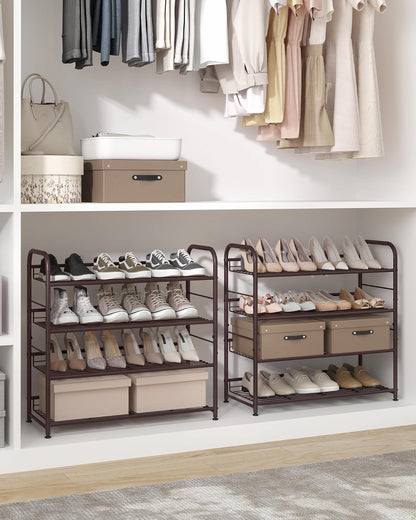 SONGMICS Stackable Shoe Rack, 4 Tier Metal Shoes Rack Storage Shelf, Holds up to 16 Pairs Shoes, Adjustable Slanted Shelves Shoe Tower Organizer for Closet Entryway Small Spaces, Black
