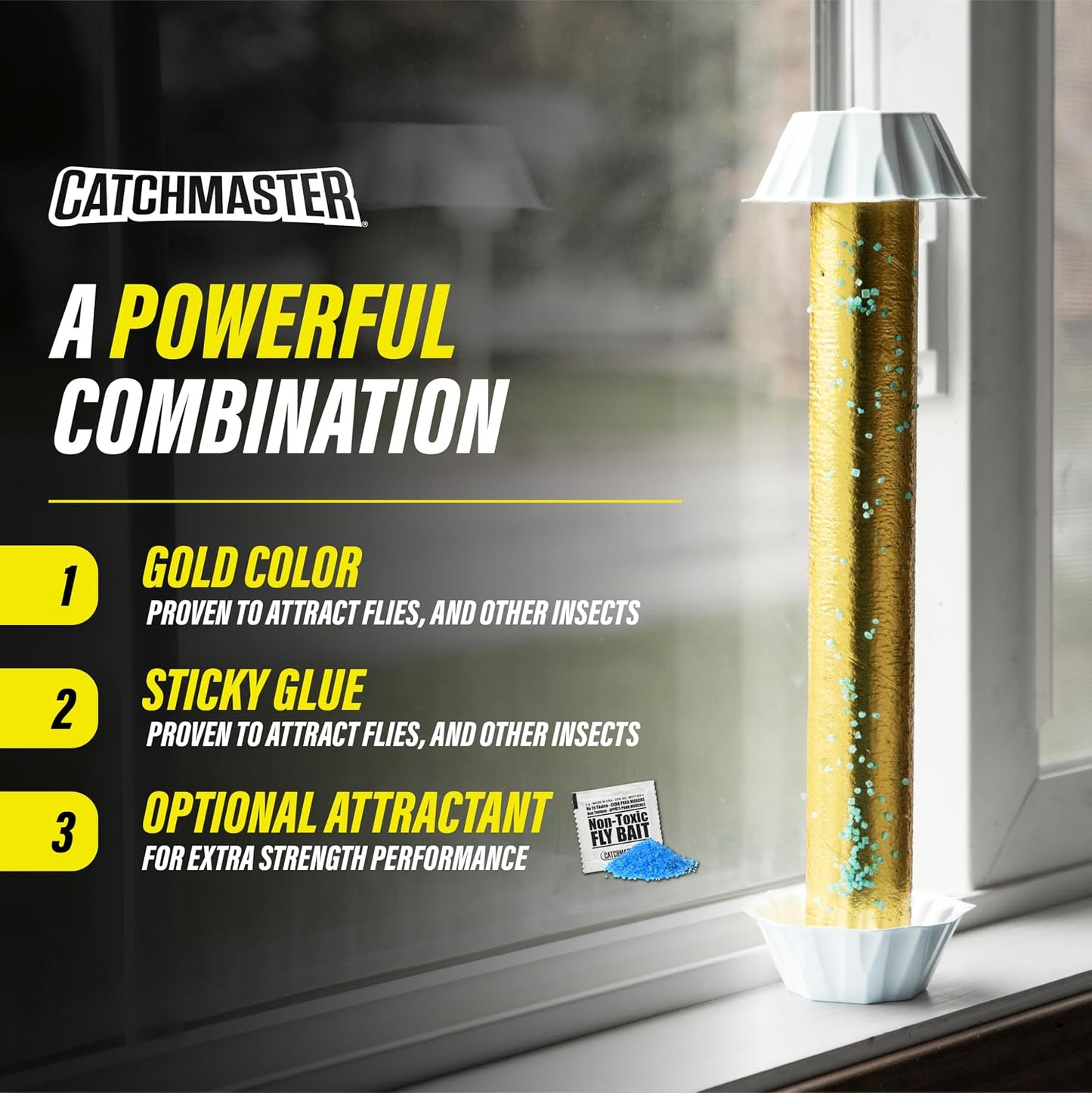 Catchmaster Gold Stick 4-Pack, Sticky Hanging Fly Traps Indoor & Outdoor | Includes a food-based lure to draw flies; reflective gold foil; lay, stand, or hang; captures house flies, gnats & insects