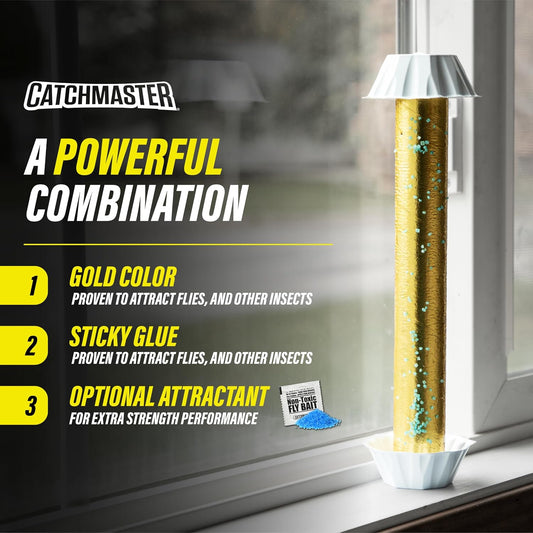 Catchmaster Gold Stick 4-Pack, Sticky Hanging Fly Traps Indoor & Outdoor | Includes a food-based lure to draw flies; reflective gold foil; lay, stand, or hang; captures house flies, gnats & insects
