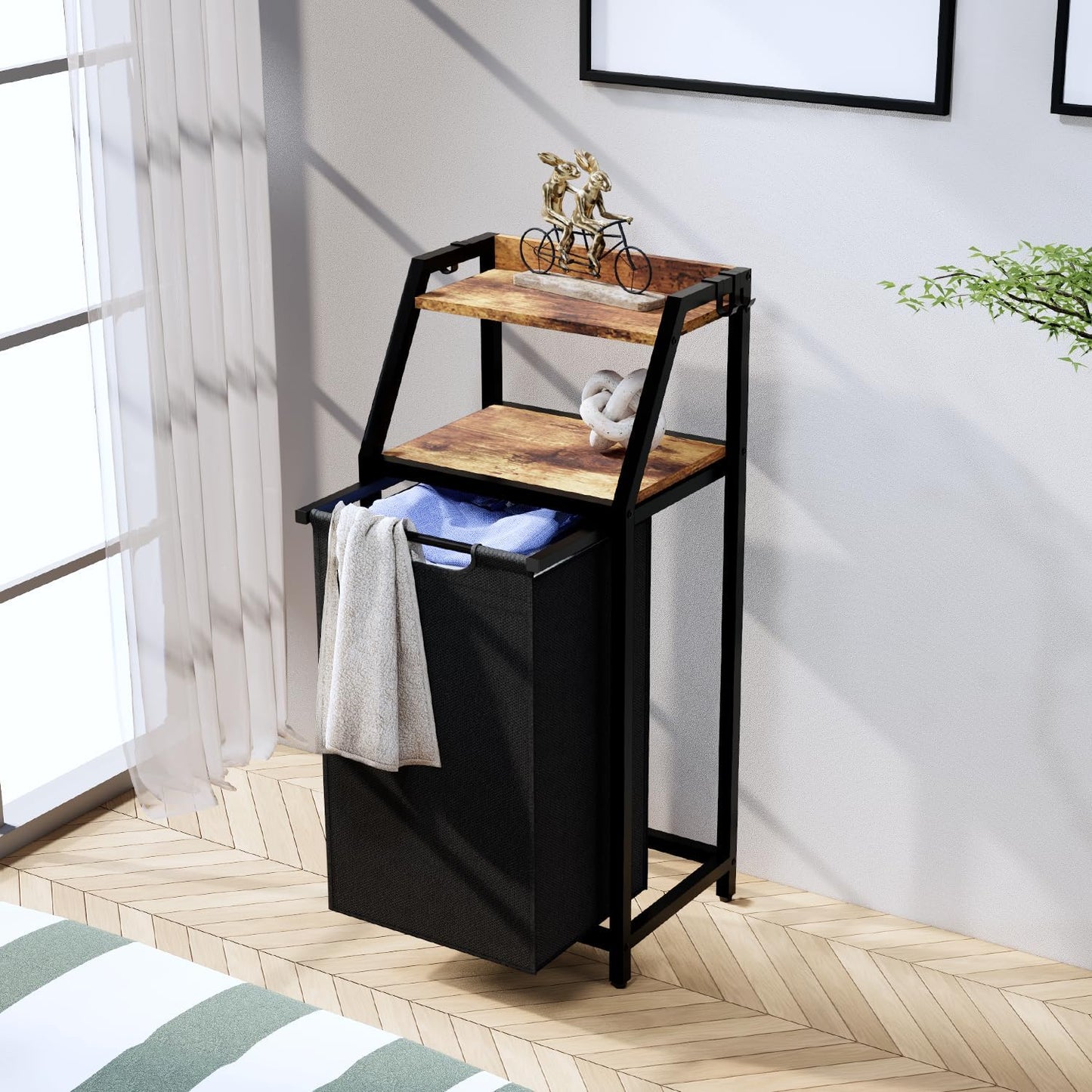 Timberer Laundry Hamper, Laundry Sorter 3 Section, Rolling Laundry Basket with Wheels, 2 Shelves, 3 × 14.5 Gal, Pull-Out and Removable Oxford Fabric Bags, for Laundry Room, Black and Rustic Brown
