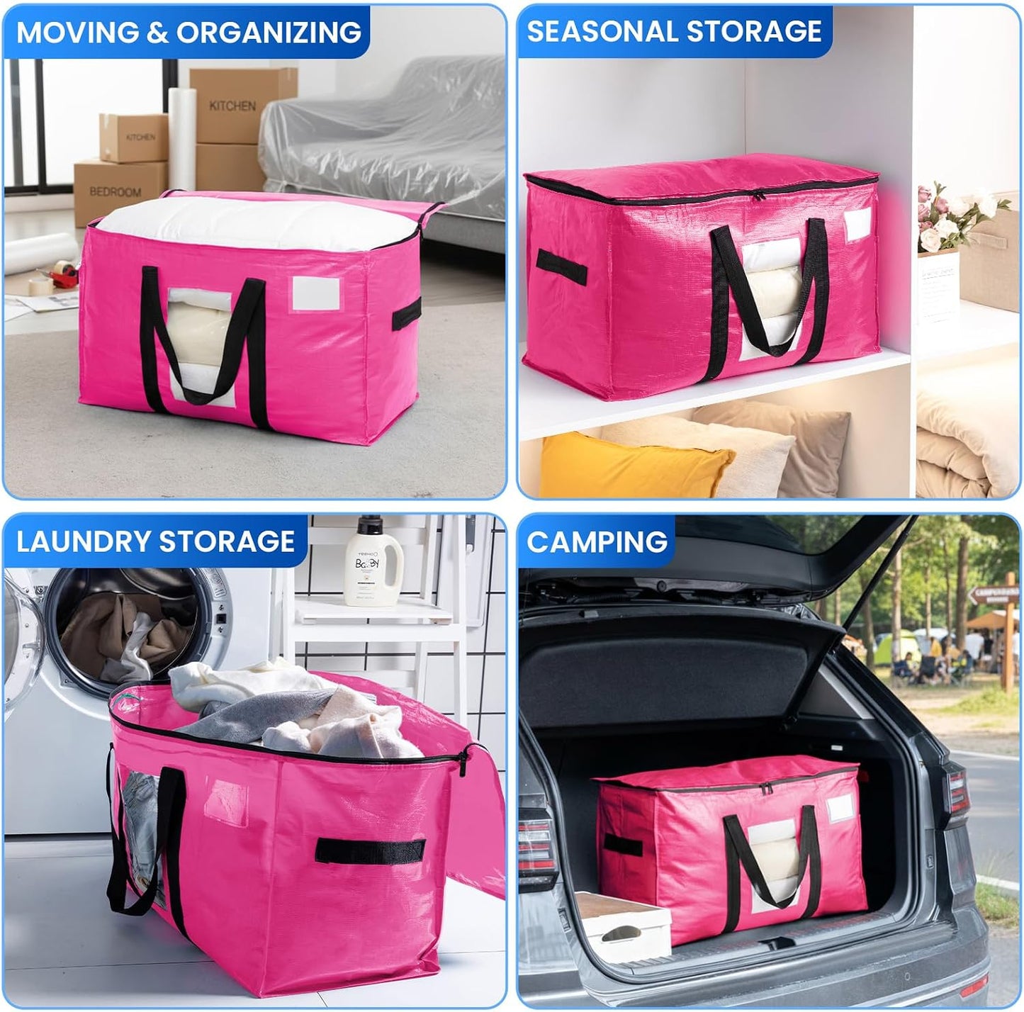 TAILI Extra Large Moving Bags, 4 Pack Blue Heavy Duty Totes For Storage with Visible Window, Wrap Around Handles, Storage Bags for Space Saving, Alternative to Moving Boxes