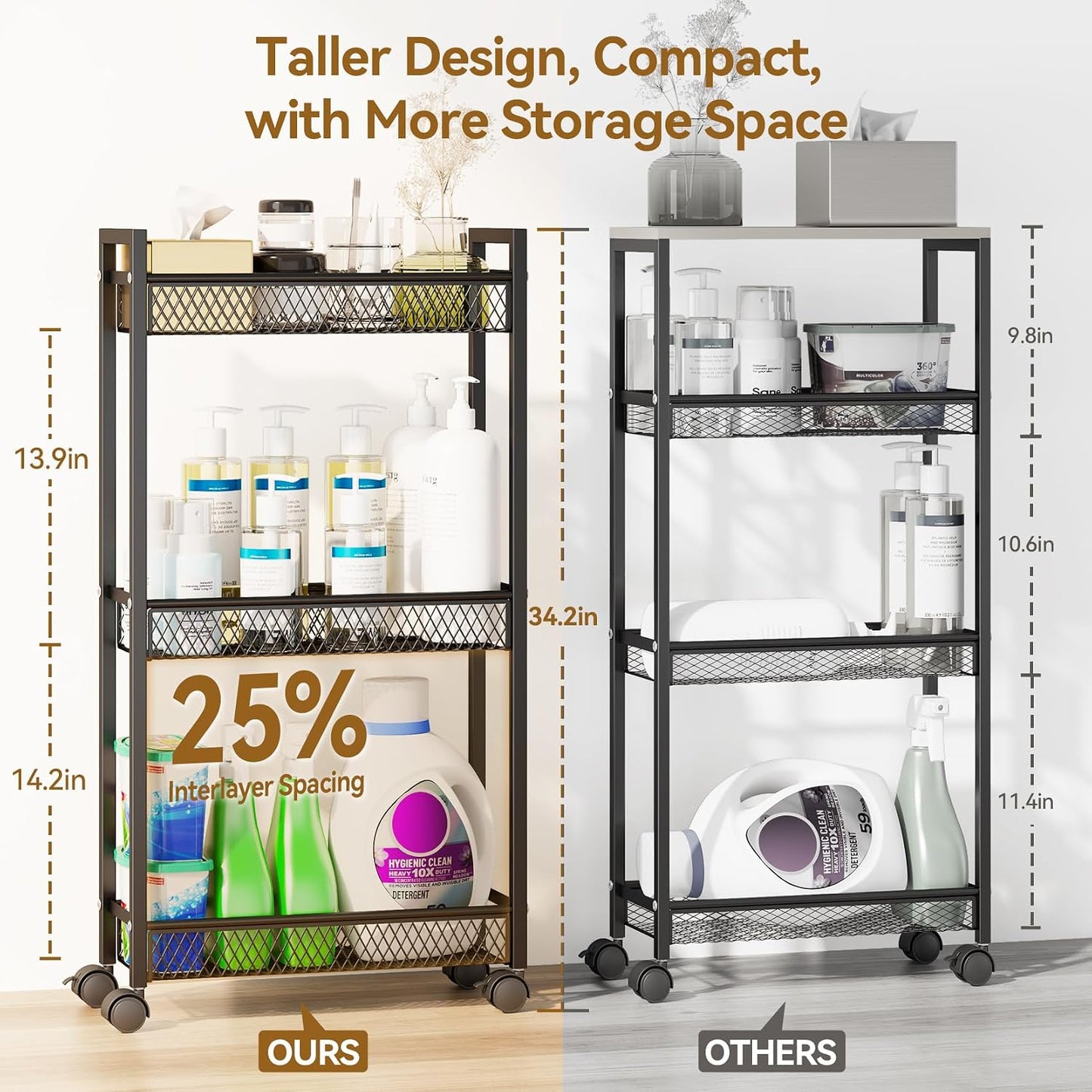 YASONIC Slim Rolling Storage Cart, Metal 3 Tier Bathroom Storage Organizer Laundry Room Utility Cart for Kitchen, Bthroom, Makeup, Craft, Laundry Narrow Places, Black