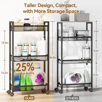YASONIC Slim Rolling Storage Cart, Metal 3 Tier Bathroom Storage Organizer Laundry Room Utility Cart for Kitchen, Bthroom, Makeup, Craft, Laundry Narrow Places, Black