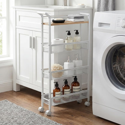 4 Tier Slim Rolling Storage Cart, 5.1 Inch Wide Narrow Storage Cart with Handle, Iron Wood Utility Slide Out Pantry Shelf Organizer for Laundry Room, Bathroom, Kitchen, Small Spaces,White