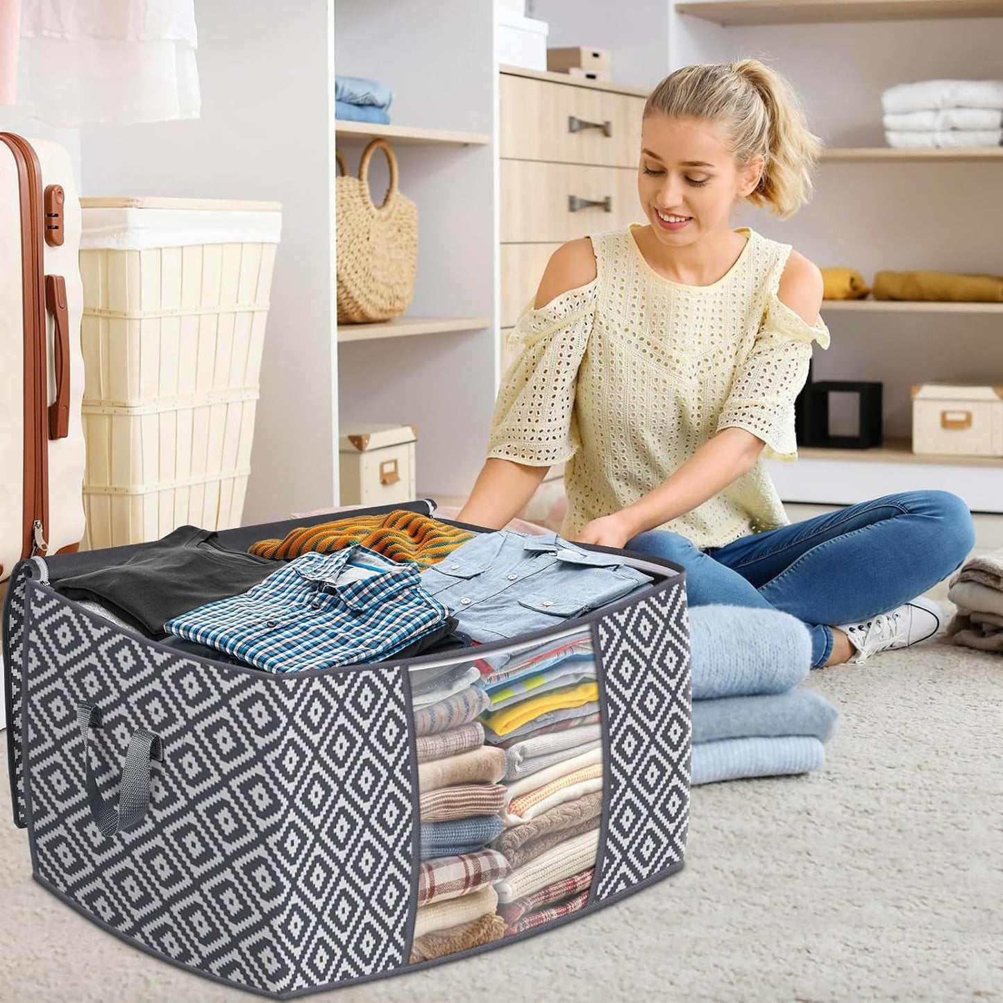 StorageTastic Direct 100L, 3 Pack, Storage Containers, Large Clothes Storage Bins Foldable Organization and Storage Bags with Reinforced Handle, Clear Window for Bedding, Blankets, Clothing, Grey