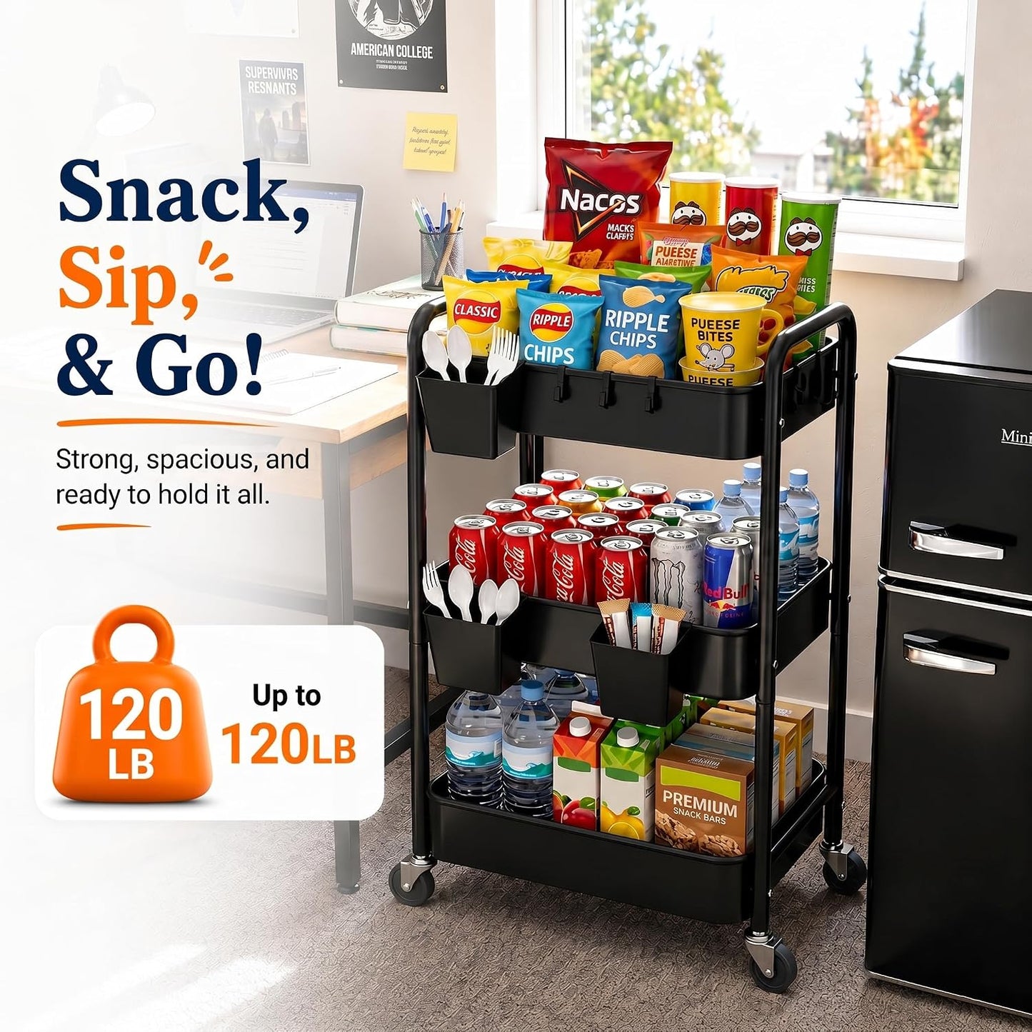 2 Tier Small Rolling Cart Metal with Wheels, White Under Desk Storage Cart on Wheels, Short Utility Roller Caddy Carts Organizer for Art,Craft,Pantry,Bathroom, Two Tiered Shelf Trolley,22 Inches Tall