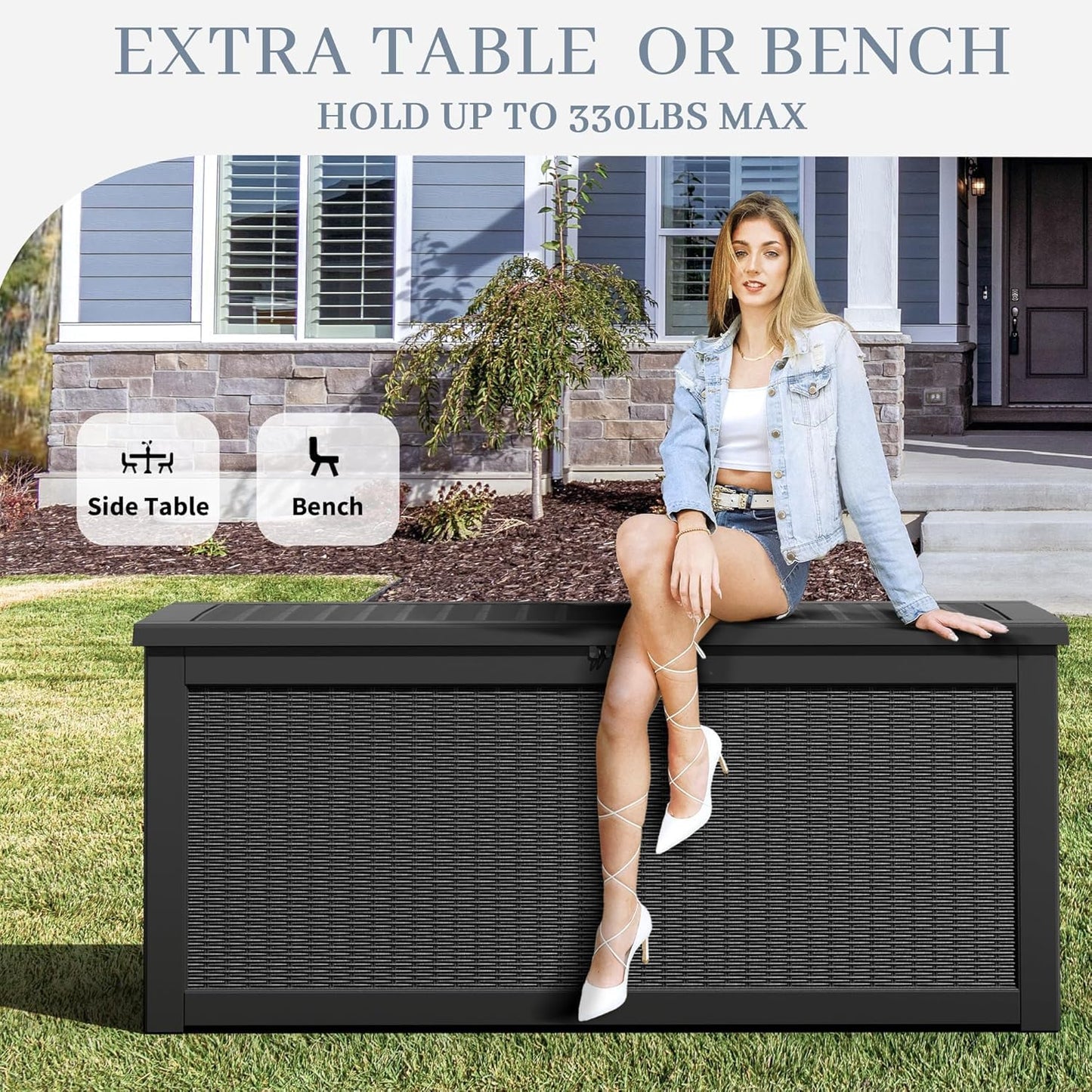 NUNU LAB Outdoor Storage Box, 45 Gallon Outside Deck Box Waterproof, Resin Outdoor Storage Cabinet With Lockable Lid, Backyard Storage Bench For Garden Tools, Patio Cushions, Pool Tools, Black