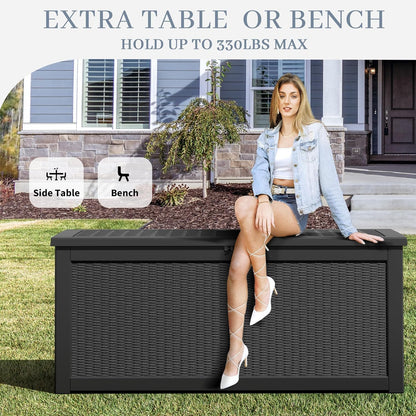 NUNU LAB Outdoor Storage Box, 45 Gallon Outside Deck Box Waterproof, Resin Outdoor Storage Cabinet With Lockable Lid, Backyard Storage Bench For Garden Tools, Patio Cushions, Pool Tools, Black